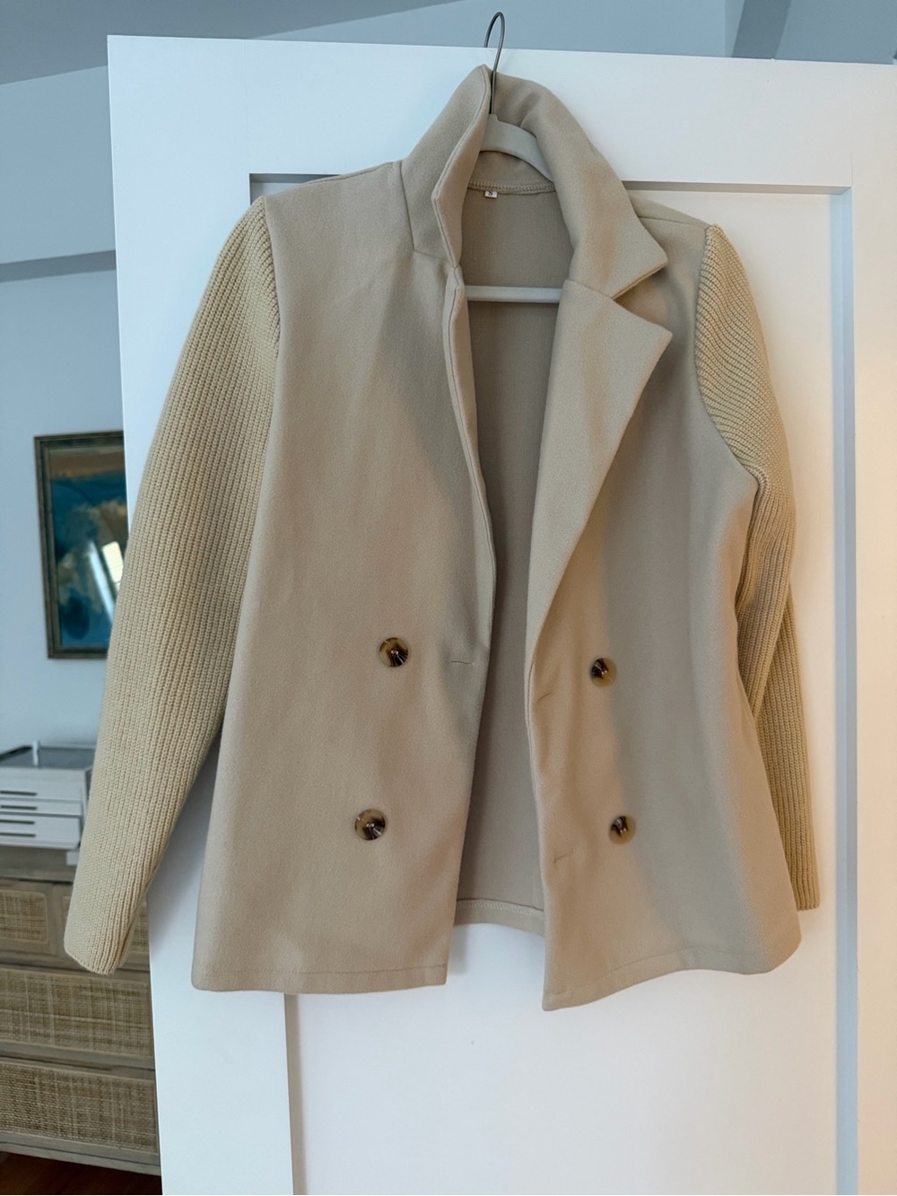 Cream Double-Breasted Women's Jacket with Knit Sleeves